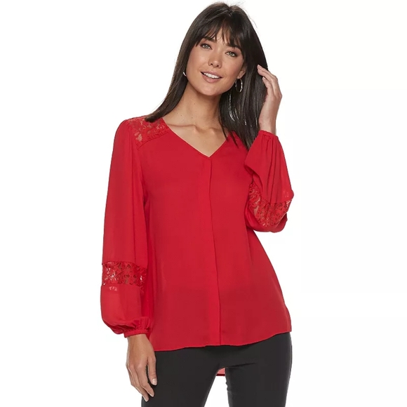 APT. 9 Women's Red Lace Yoke Blouse - Picture 1 of 7